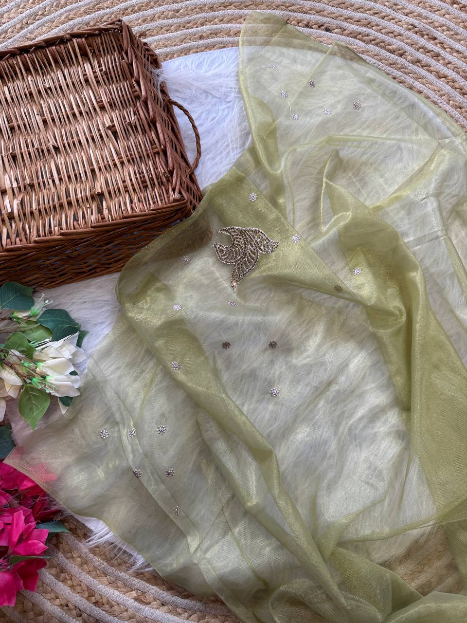 Olive Stylish Pure Tissue Silk Saree