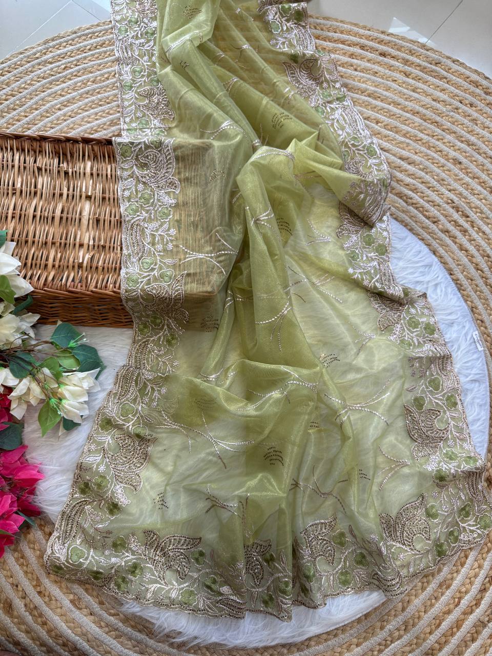 Olive Stylish Pure Tissue Silk Saree