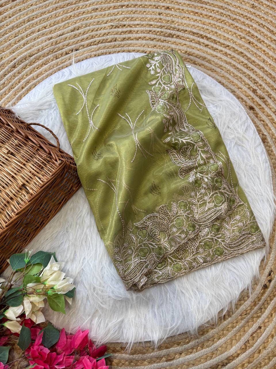 Olive Stylish Pure Tissue Silk Saree