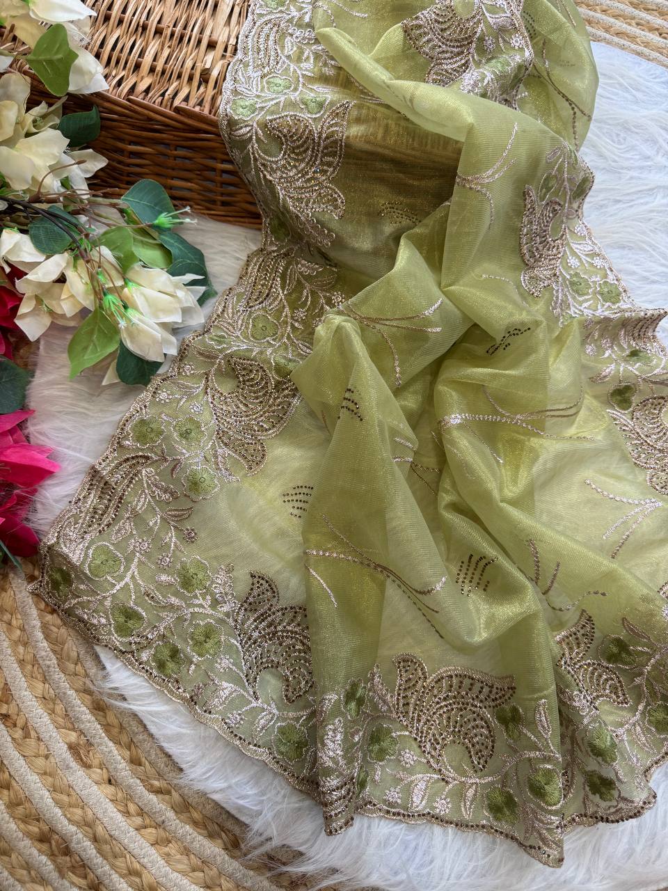 Olive Stylish Pure Tissue Silk Saree