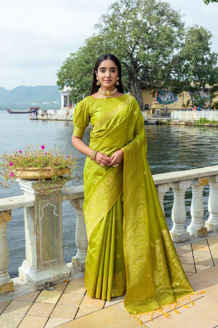 Olive Wedding Wear Soft Silk Saree