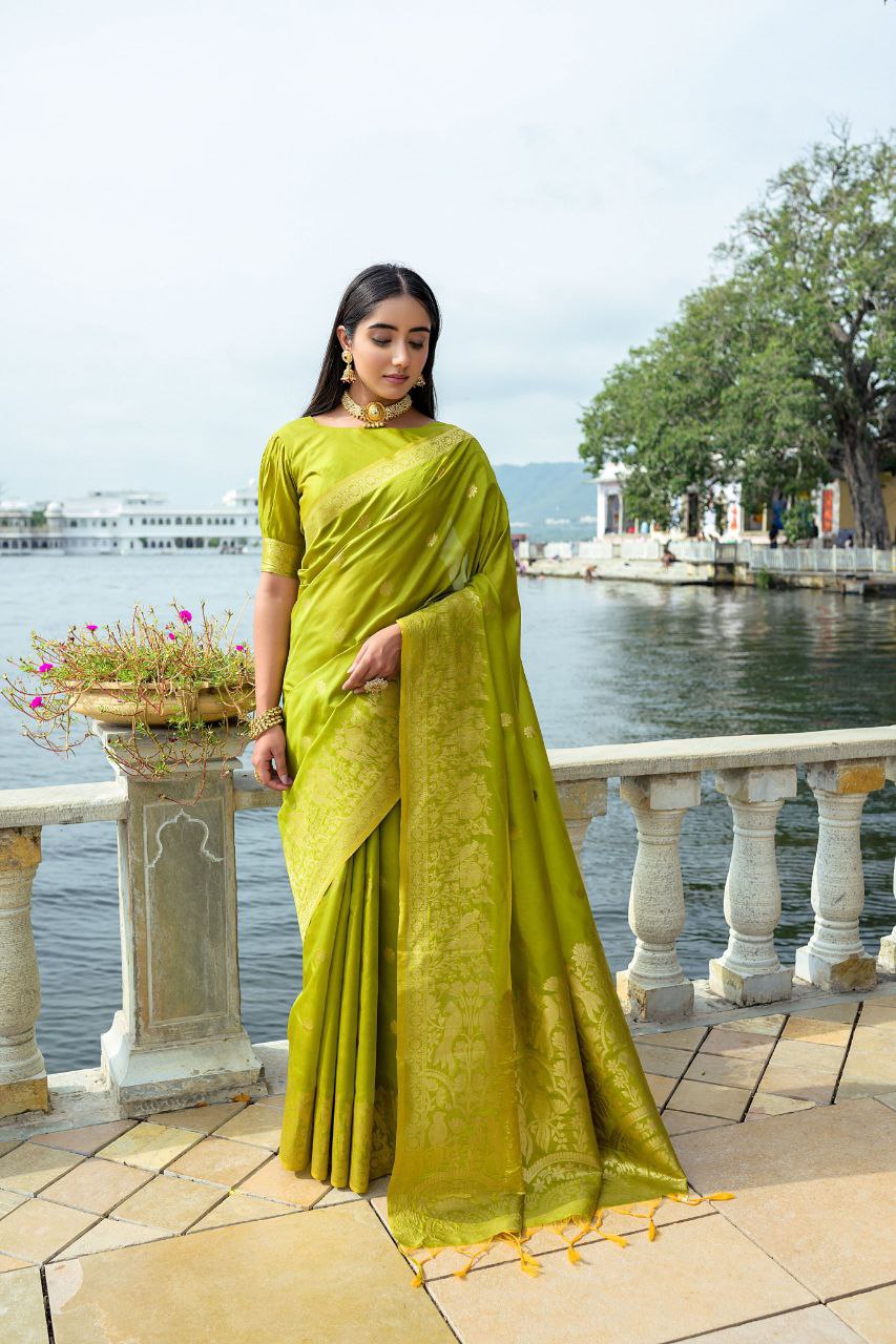 Olive Wedding Wear Soft Silk Saree