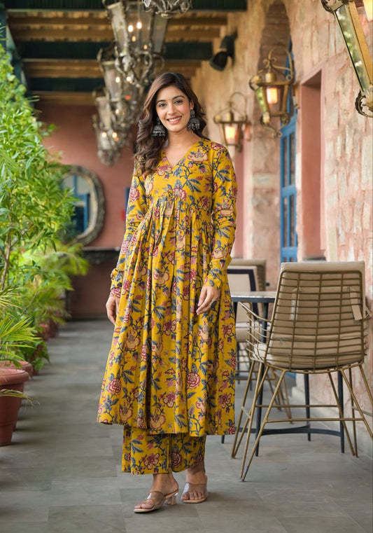 Mustard Designer Cotton Kurta Set With Dupatta