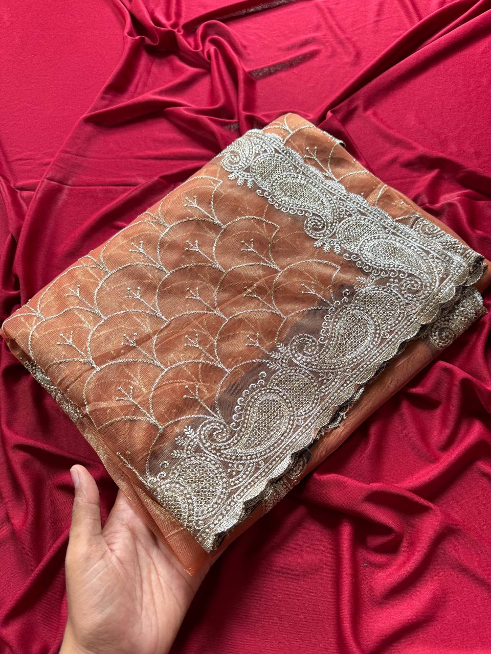 Orange Designer Pure Zari Tissue Silk Saree