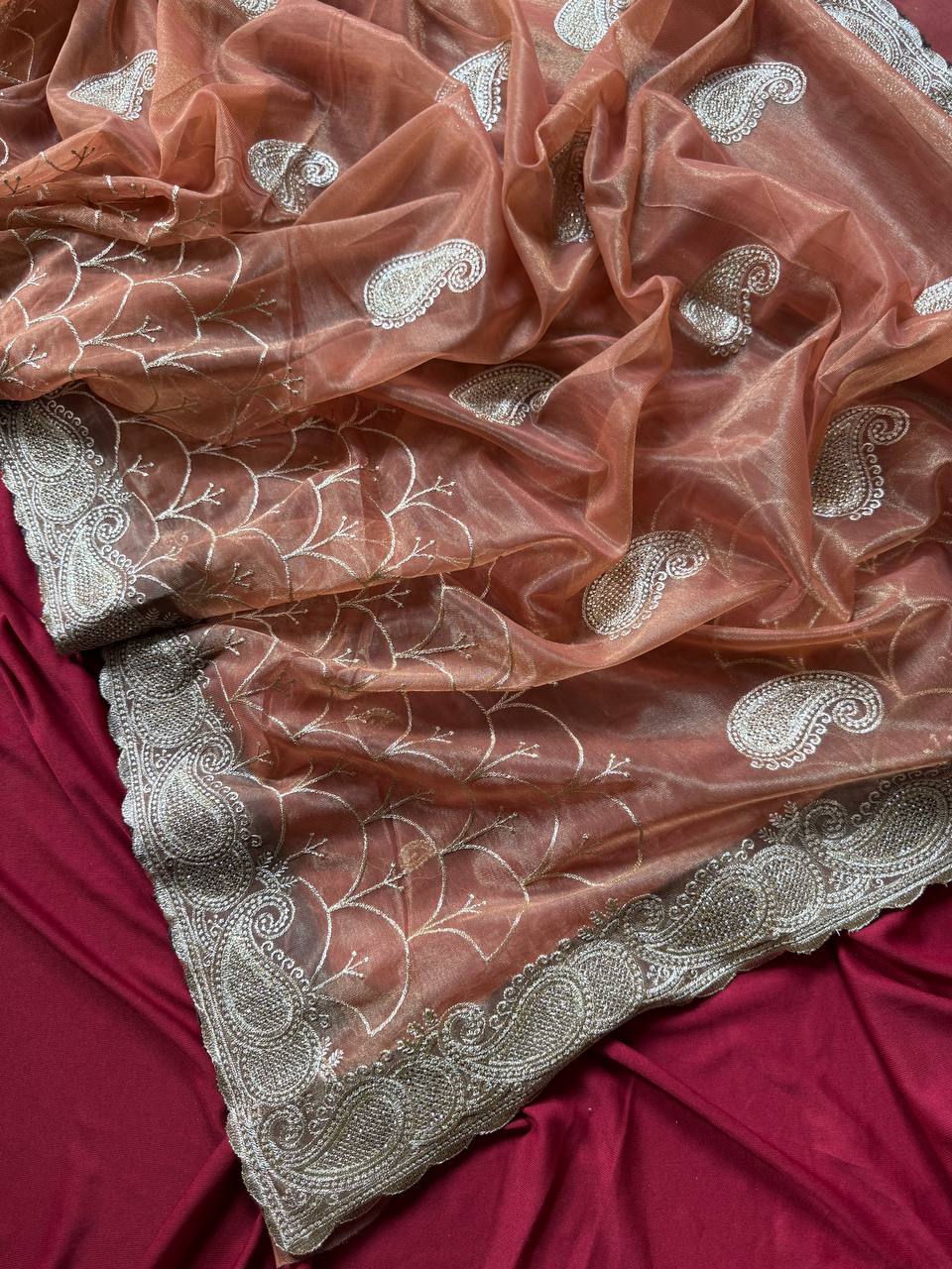 Orange Designer Pure Zari Tissue Silk Saree