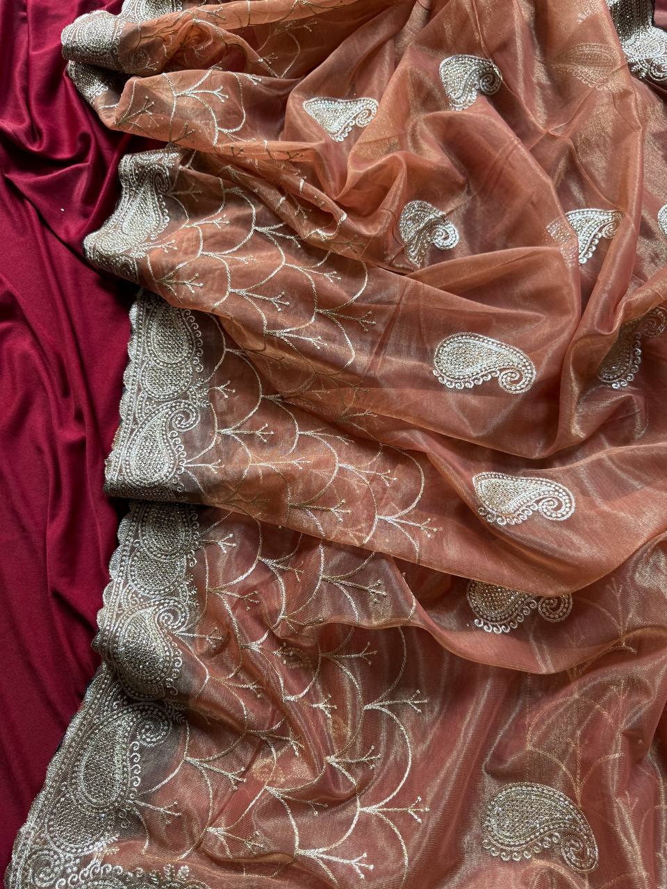 Orange Designer Pure Zari Tissue Silk Saree