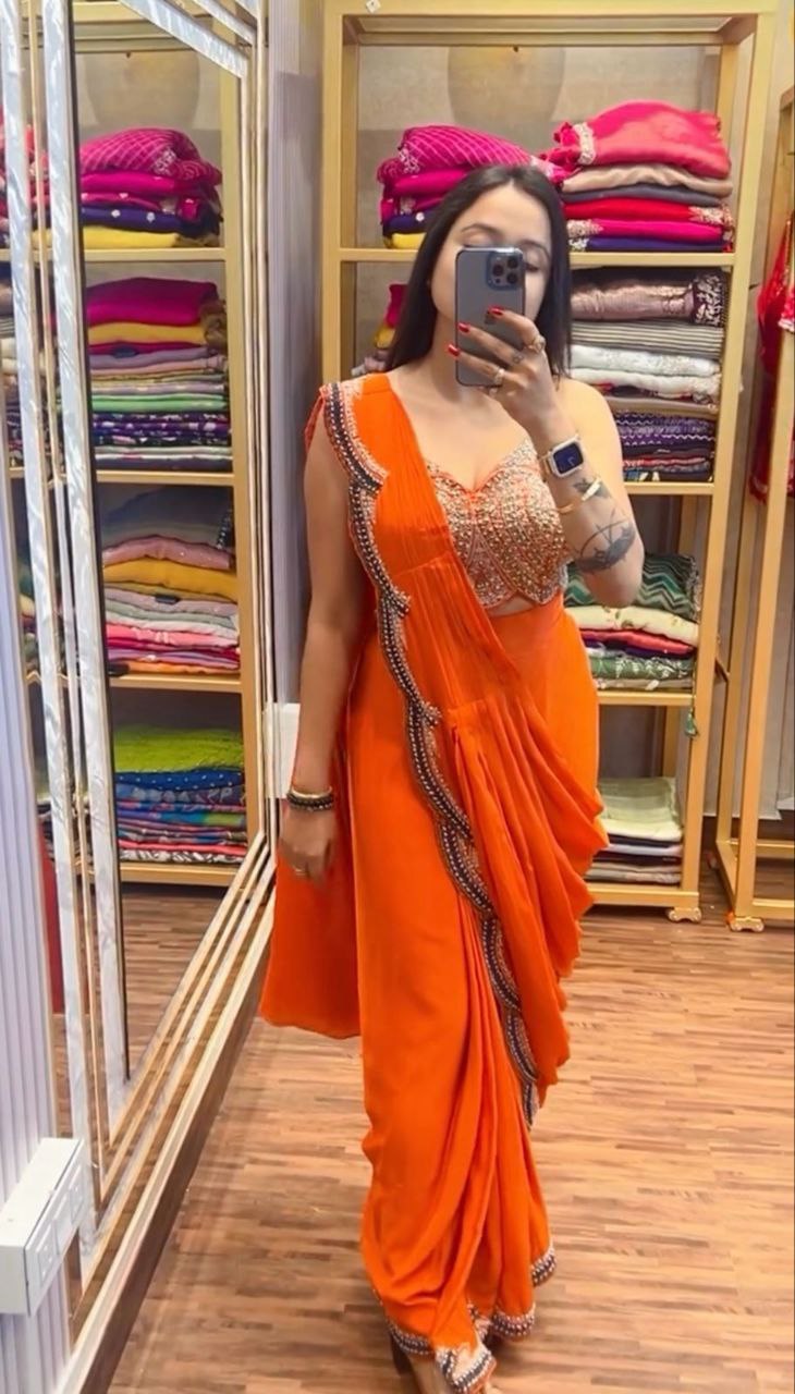 Orange Designer Ready To Wear Chinon Silk Saree