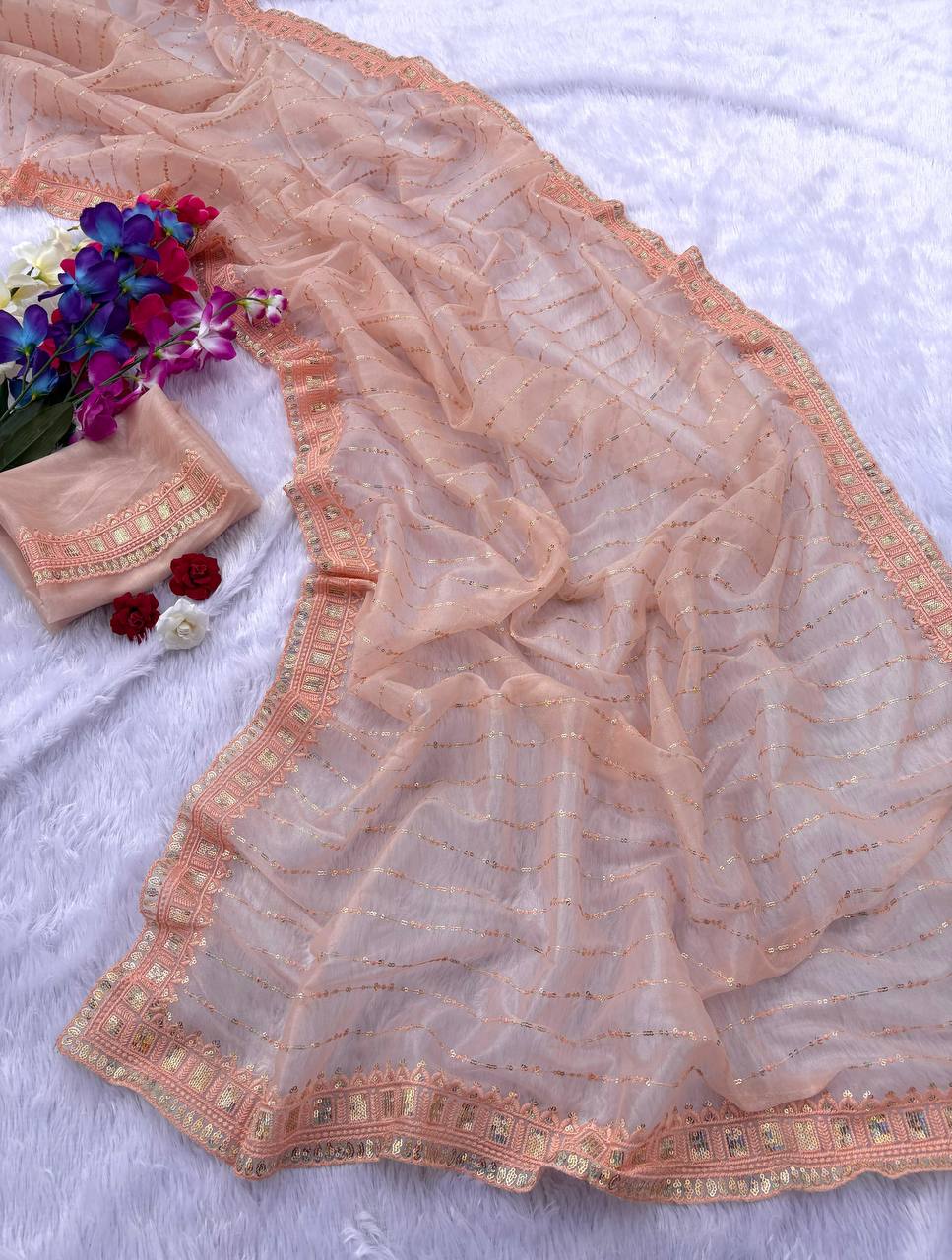 Orange Designer Tissue Silk Saree