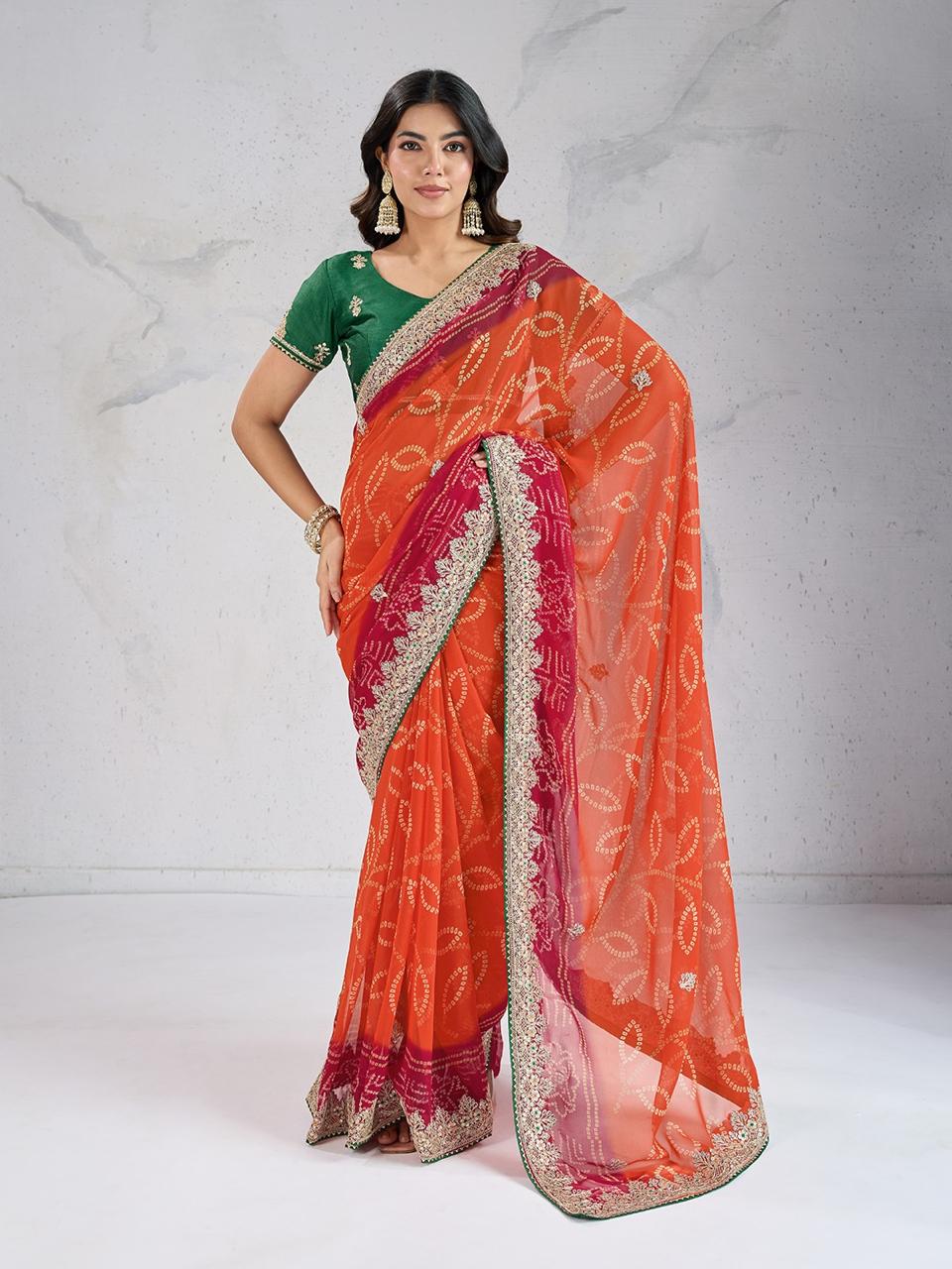 Orange Digital Printed Wedding Wear Georgette Saree