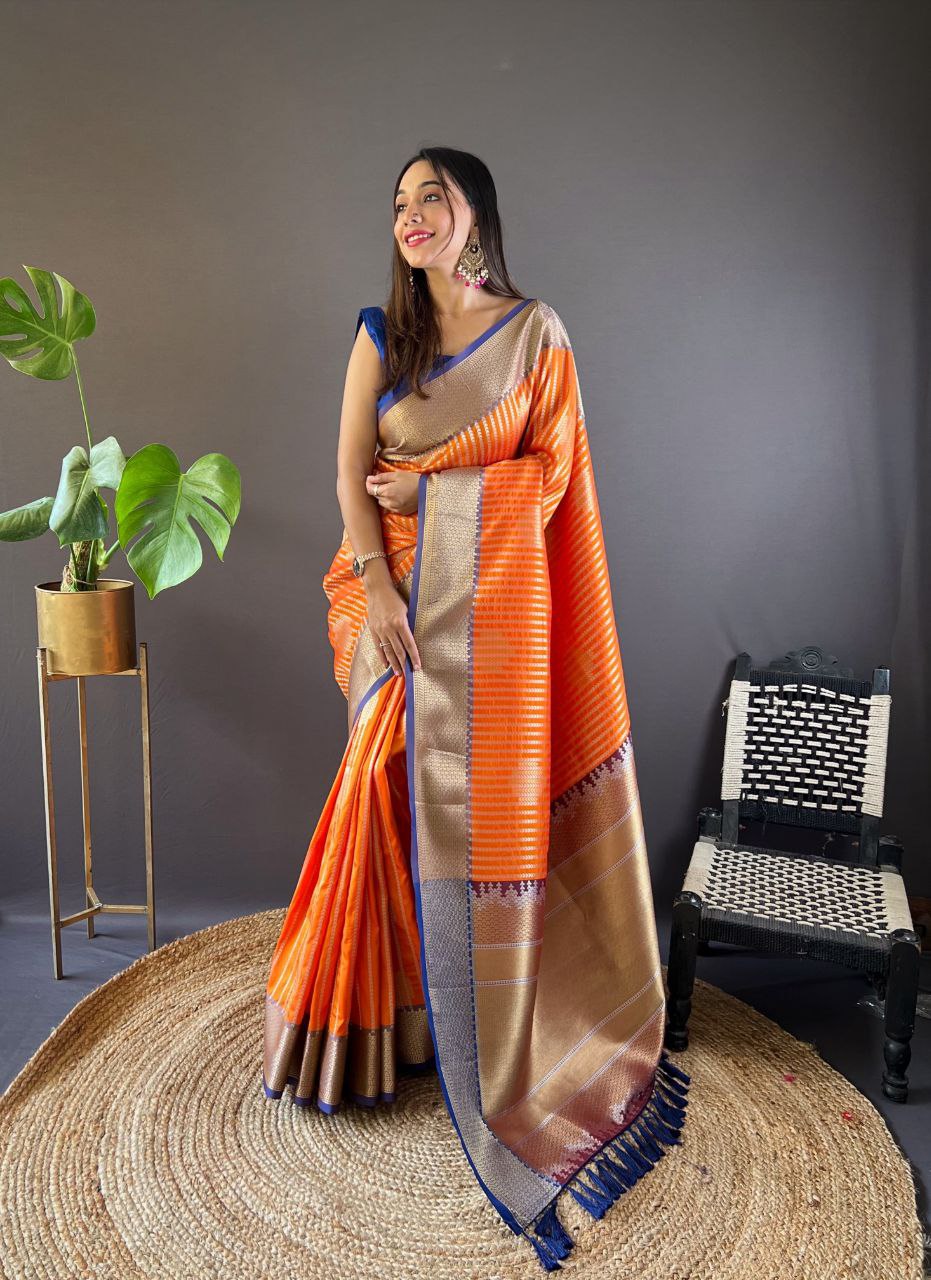 Orange Gold Zari Weaved Banarasi Silk Saree