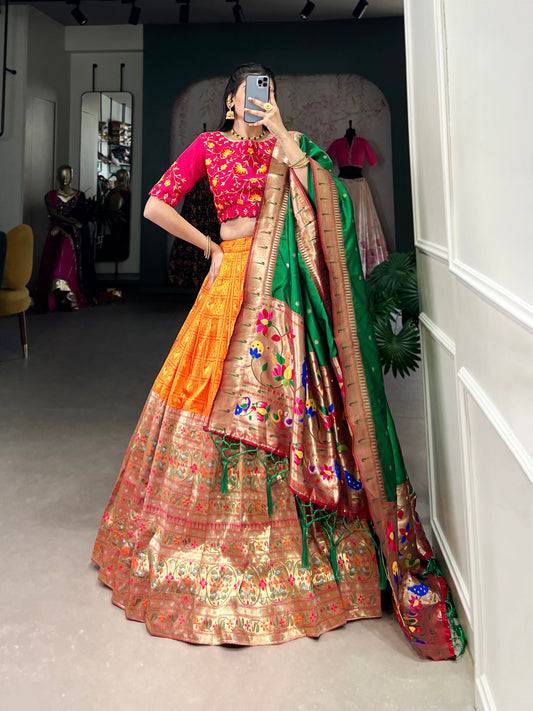 Orange Paithani Jacquard Silk Lehenga