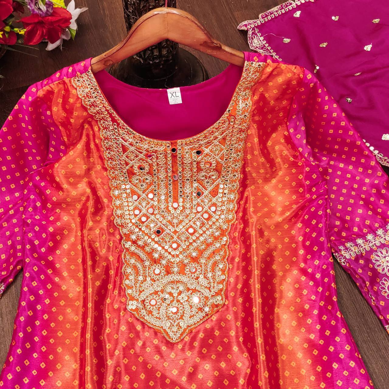 Orange & Pink Chinon Silk Kurta Set With Dupatta