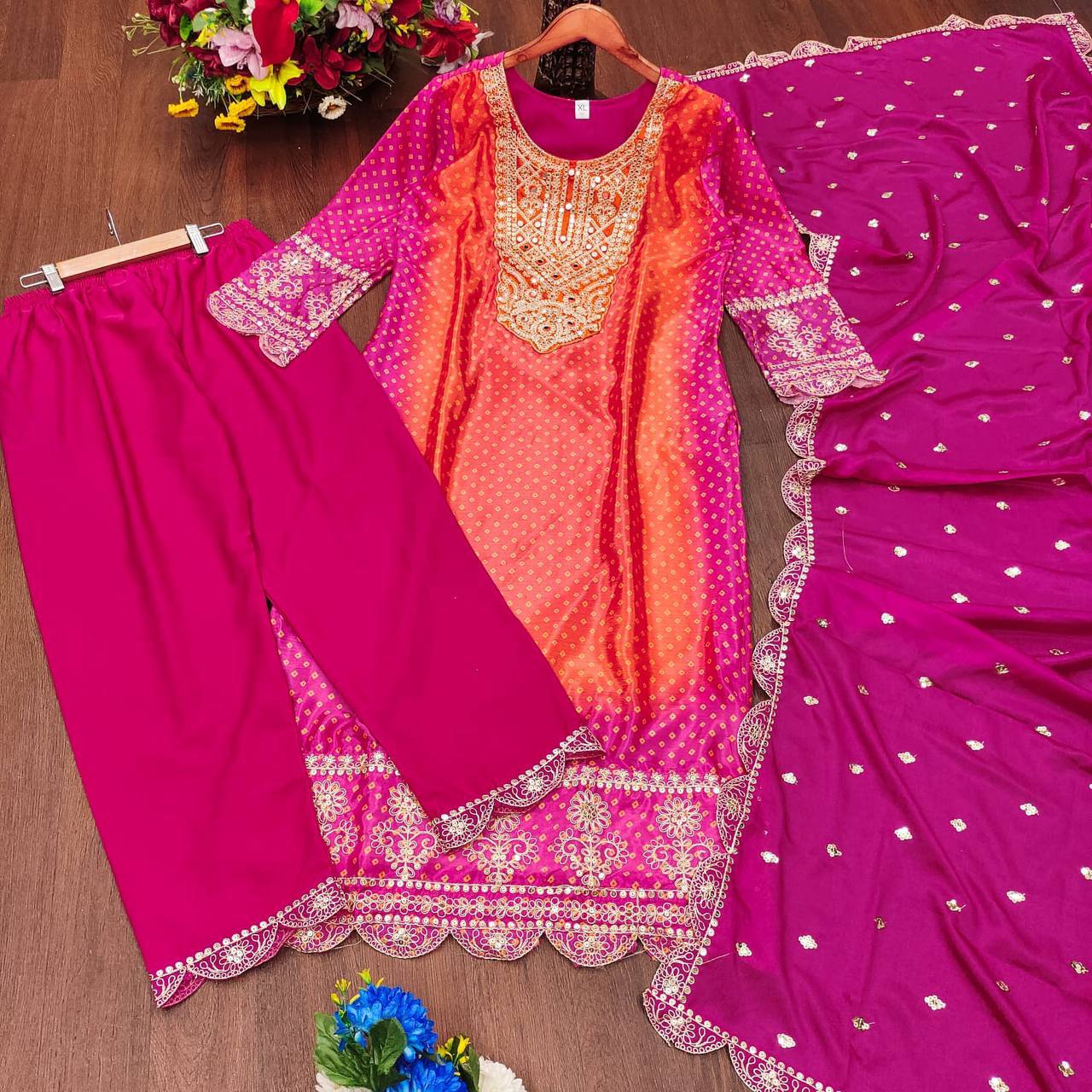 Orange & Pink Chinon Silk Kurta Set With Dupatta
