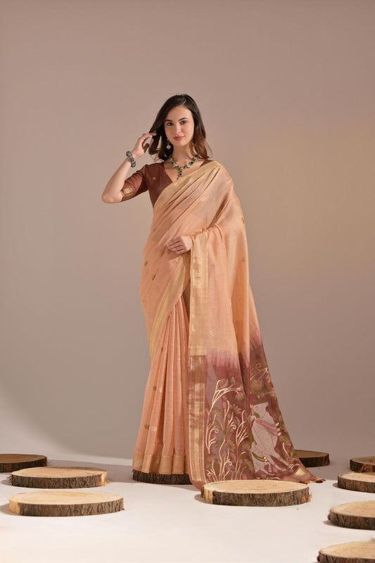 Peach Traditional Muga Cotton Saree