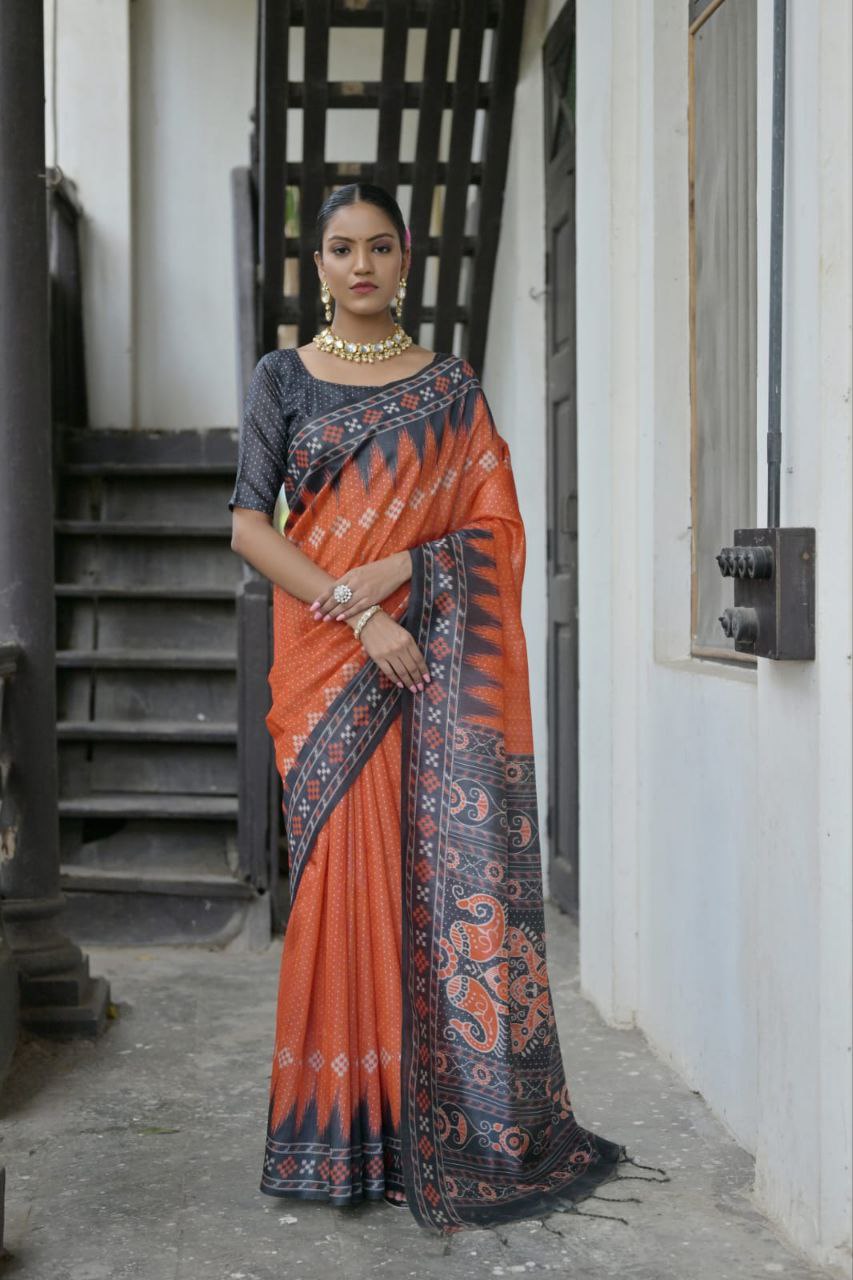 Orange Traditional Tussar Silk Saree