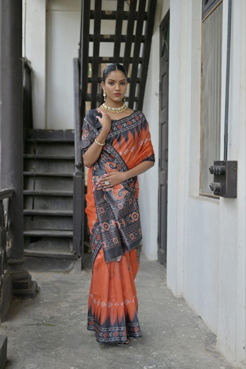 Orange Traditional Tussar Silk Saree