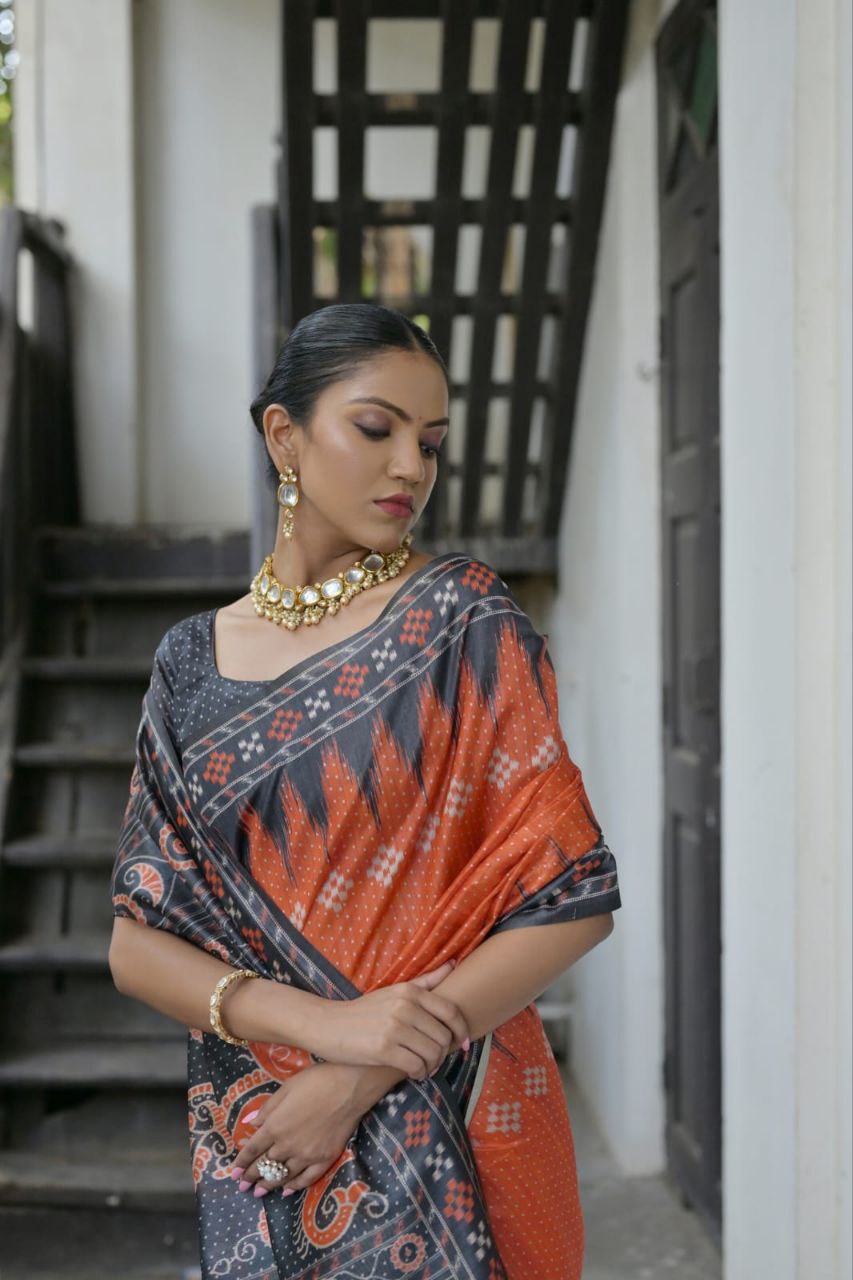 Orange Traditional Tussar Silk Saree