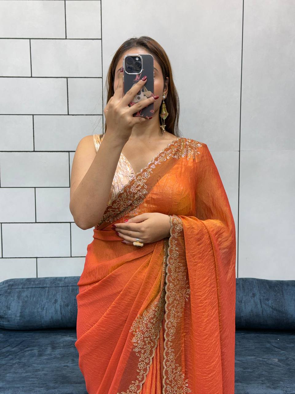Orange Two Tone Golden Moss Fendy Space Silk Saree