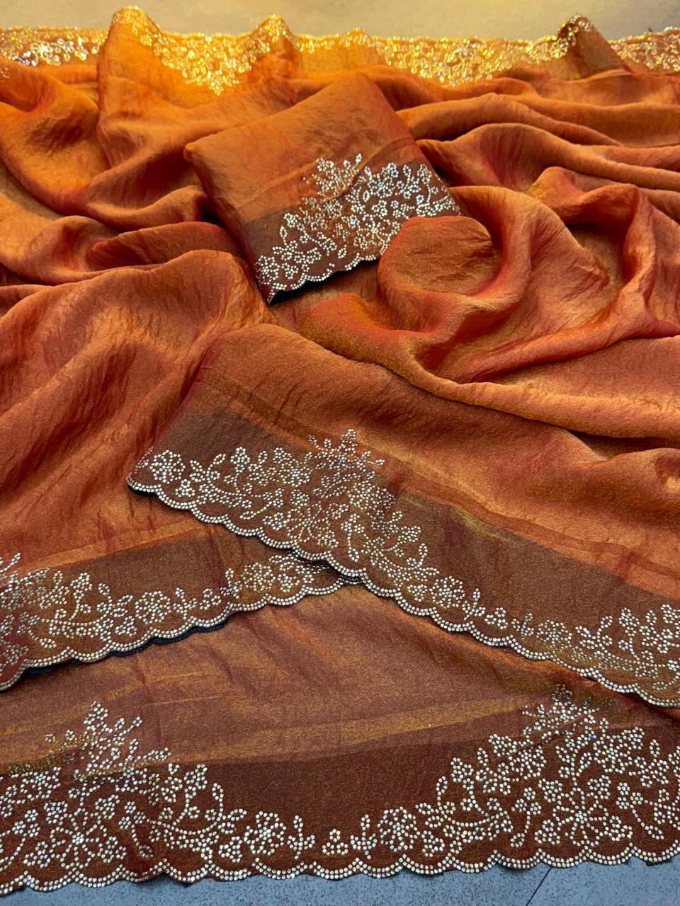 Orange Two Tone Golden Moss Fendy Space Silk Saree