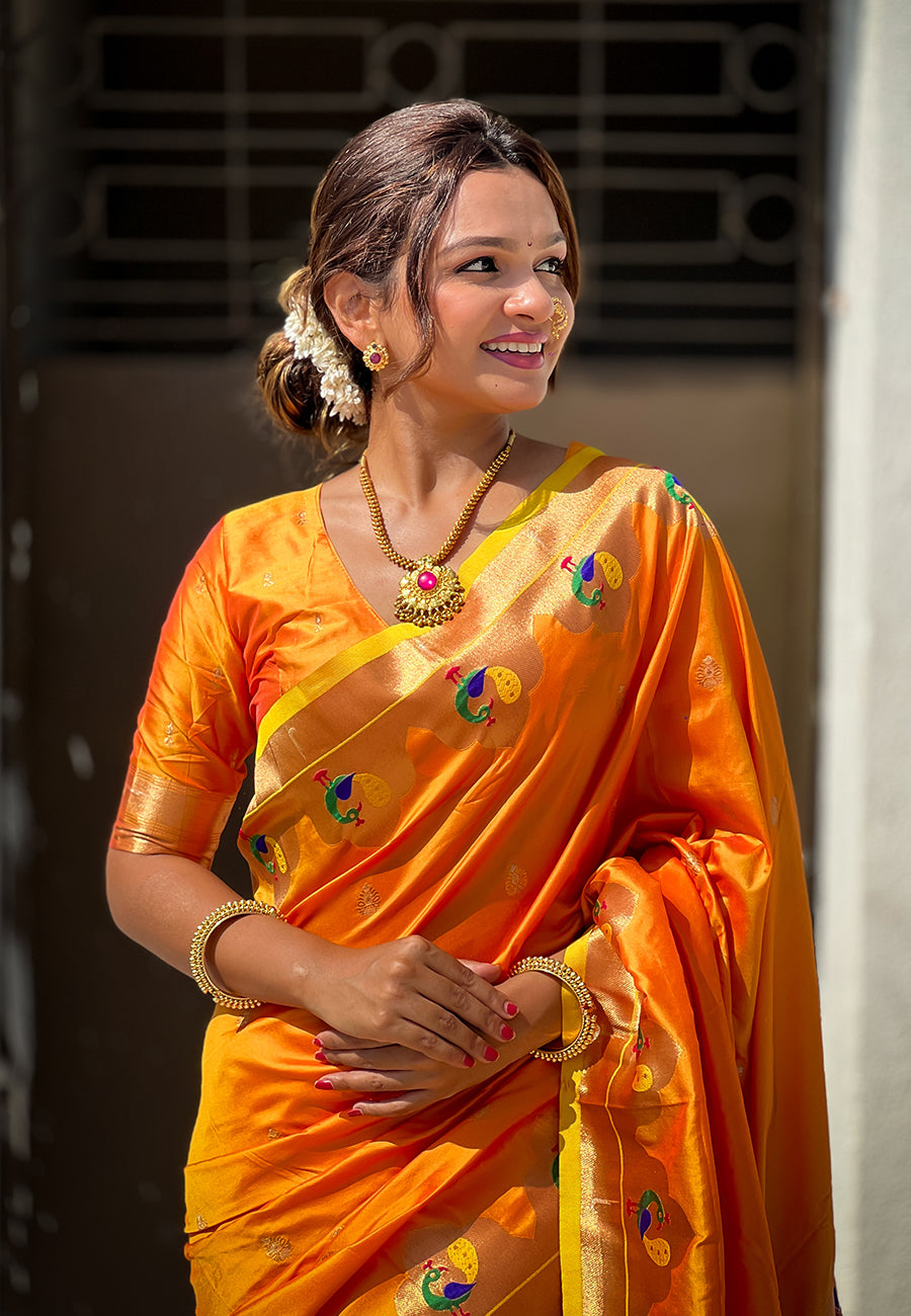 Orange Wedding Wear Paithani Saree