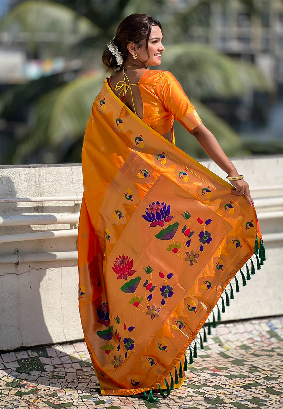 Orange Wedding Wear Paithani Saree