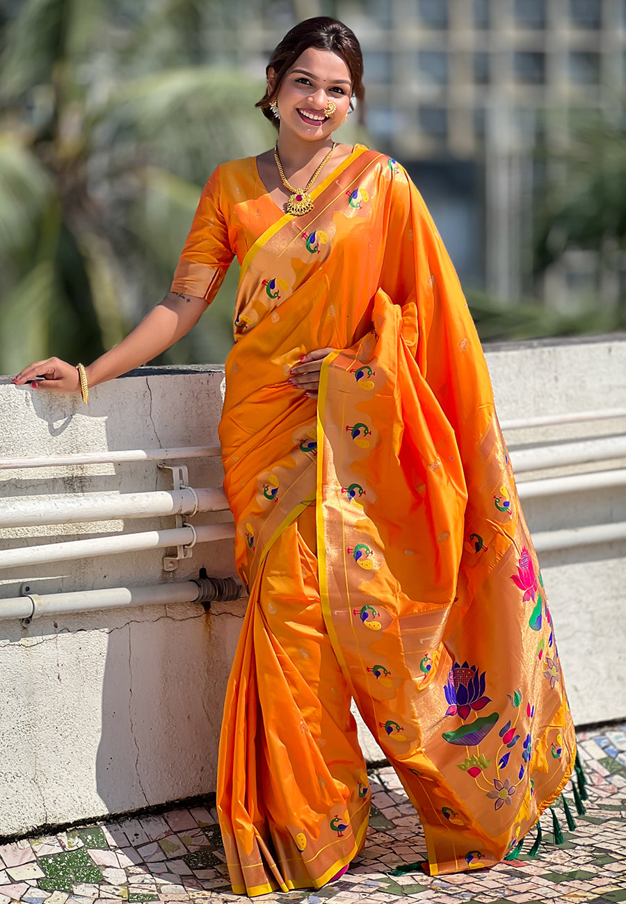 Orange Wedding Wear Paithani Saree