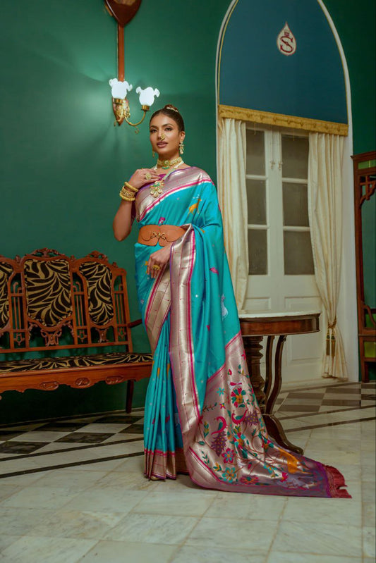 Aqua Paithani Silk Saree