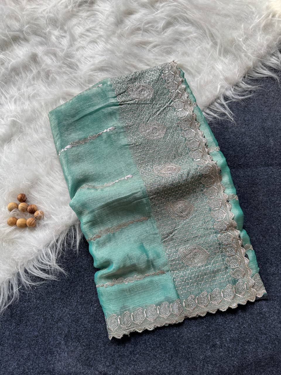 Pale Sky Stylish Jimmy Choo Silk Saree