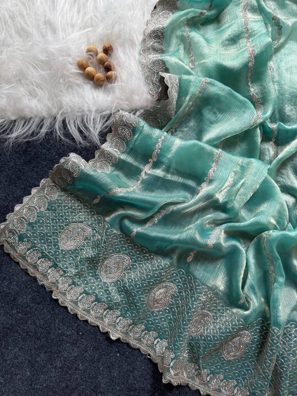 Pale Sky Stylish Jimmy Choo Silk Saree