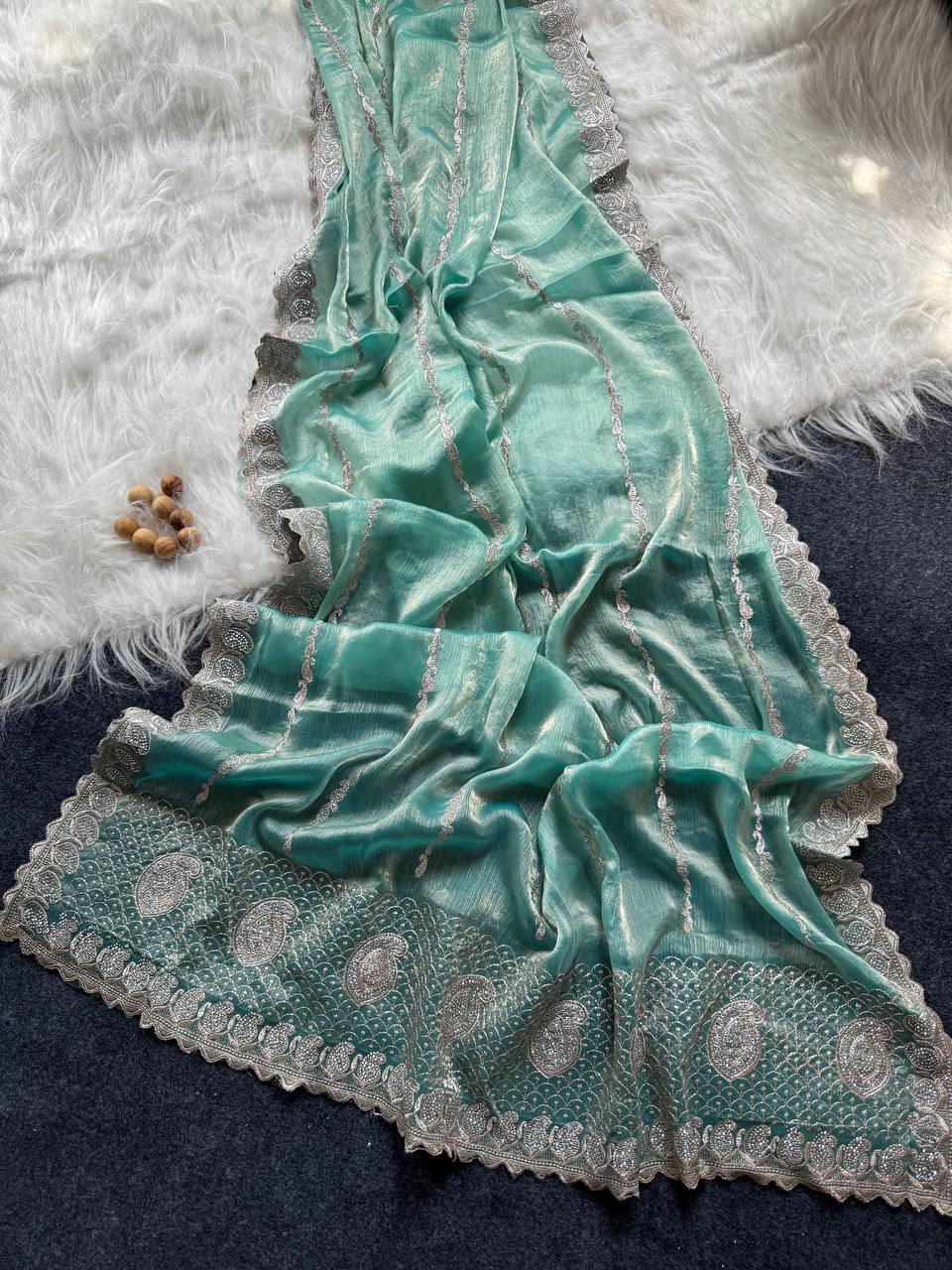 Pale Sky Stylish Jimmy Choo Silk Saree