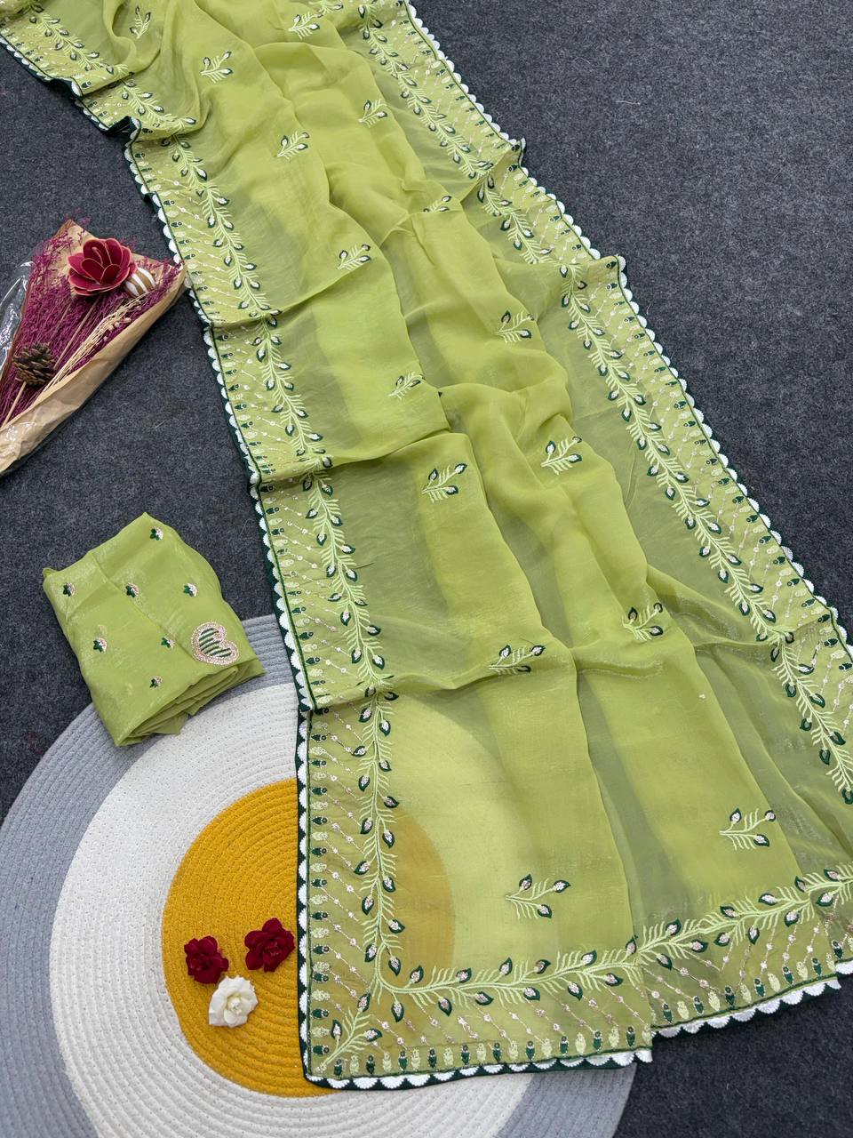 Parrot Green Designer Crunchy Chiffon Silk Saree