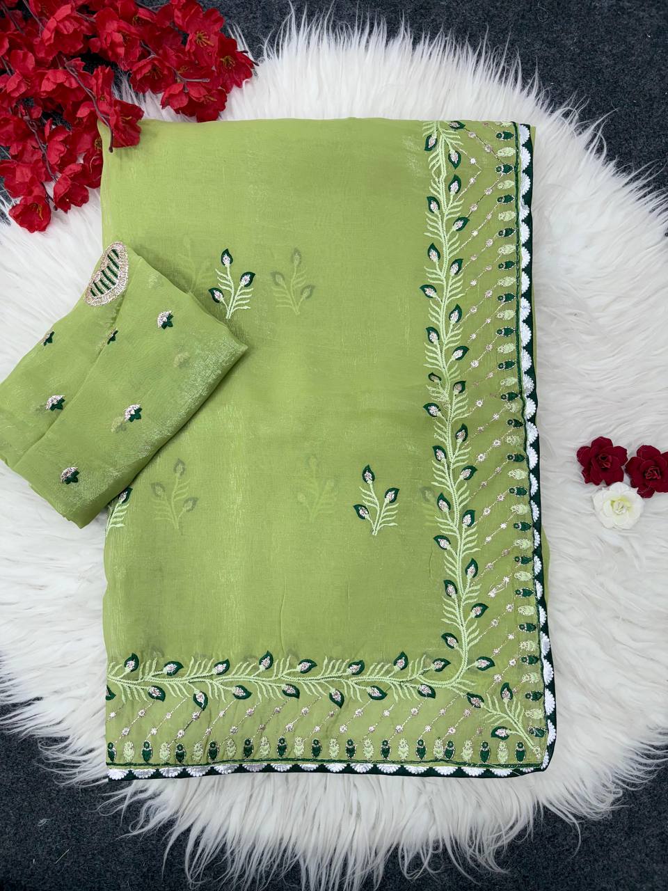 Parrot Green Designer Crunchy Chiffon Silk Saree