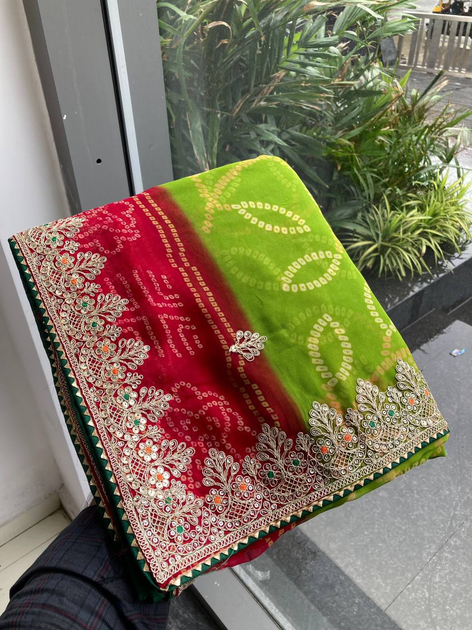 Parrot Green Digital Printed Wedding Wear Georgette Saree