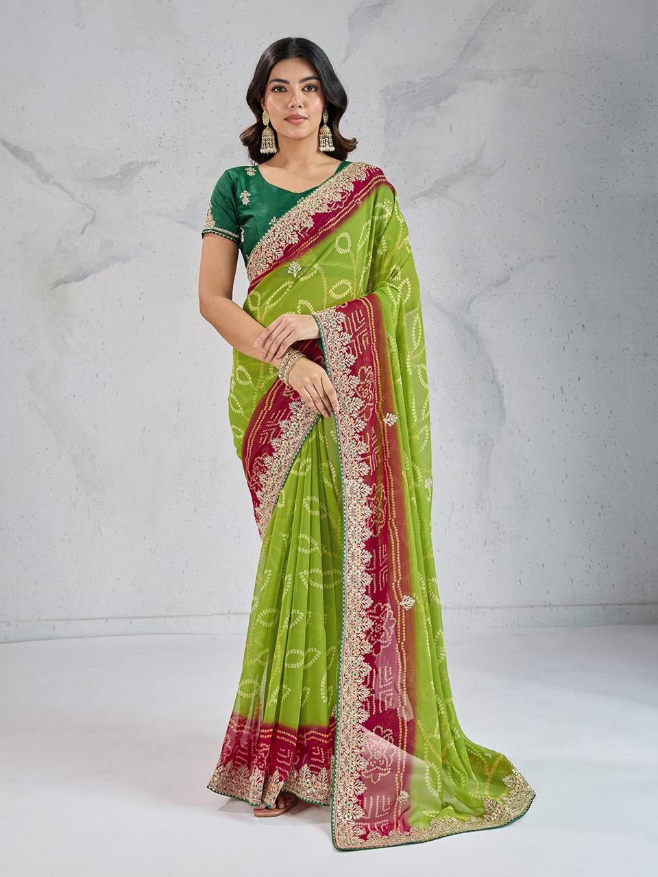 Parrot Green Digital Printed Wedding Wear Georgette Saree