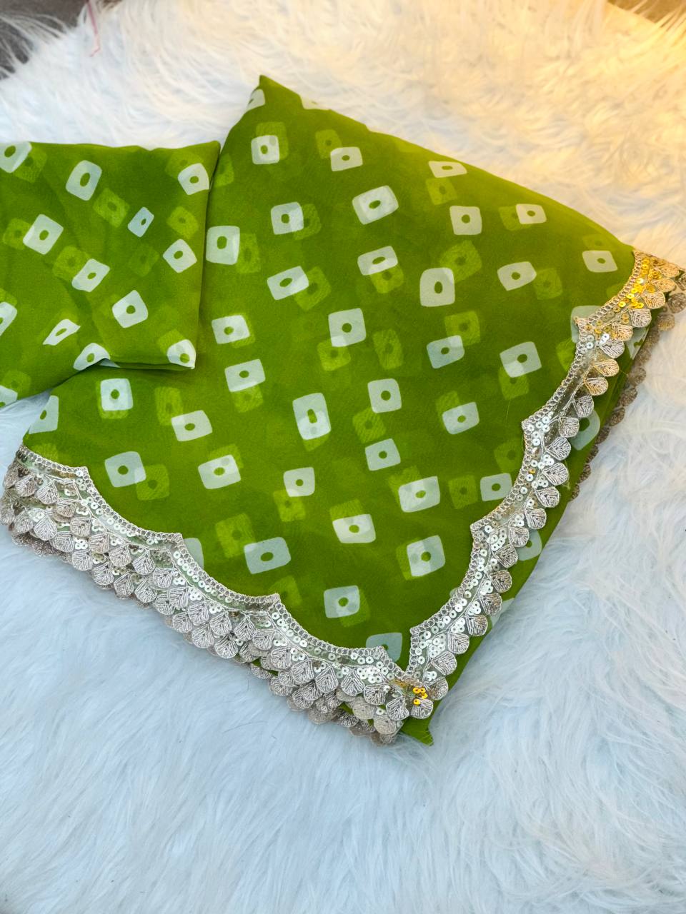 Parrot Green Leriya Printed Bandhej Soft Georgette Saree