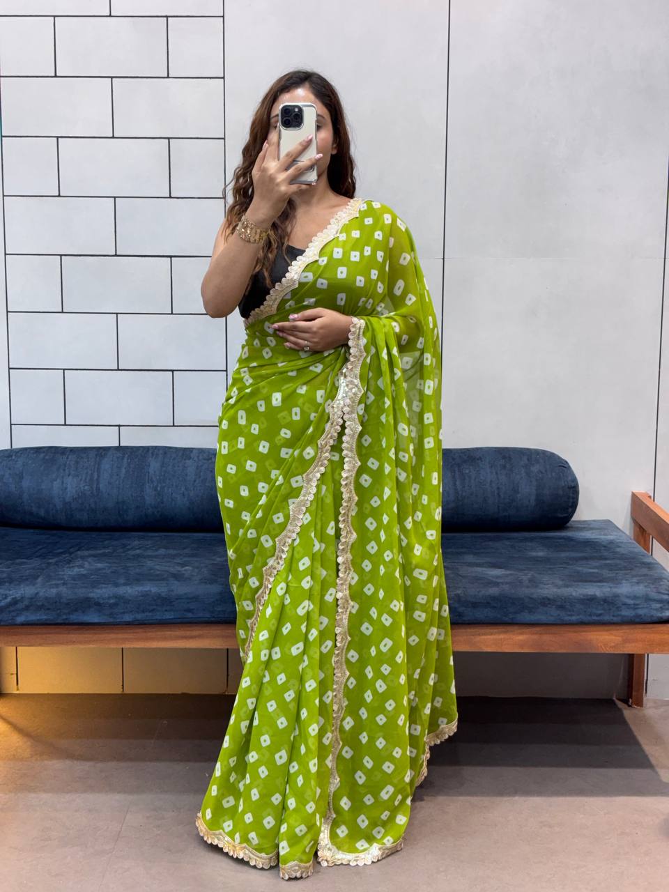 Parrot Green Leriya Printed Bandhej Soft Georgette Saree