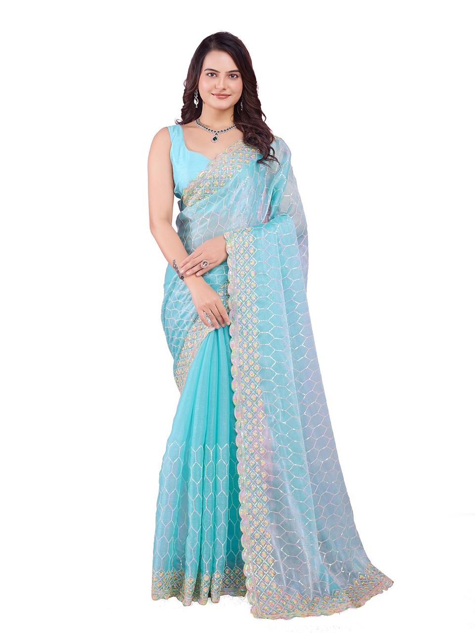 Sky Party Wear Burberry Silk Saree