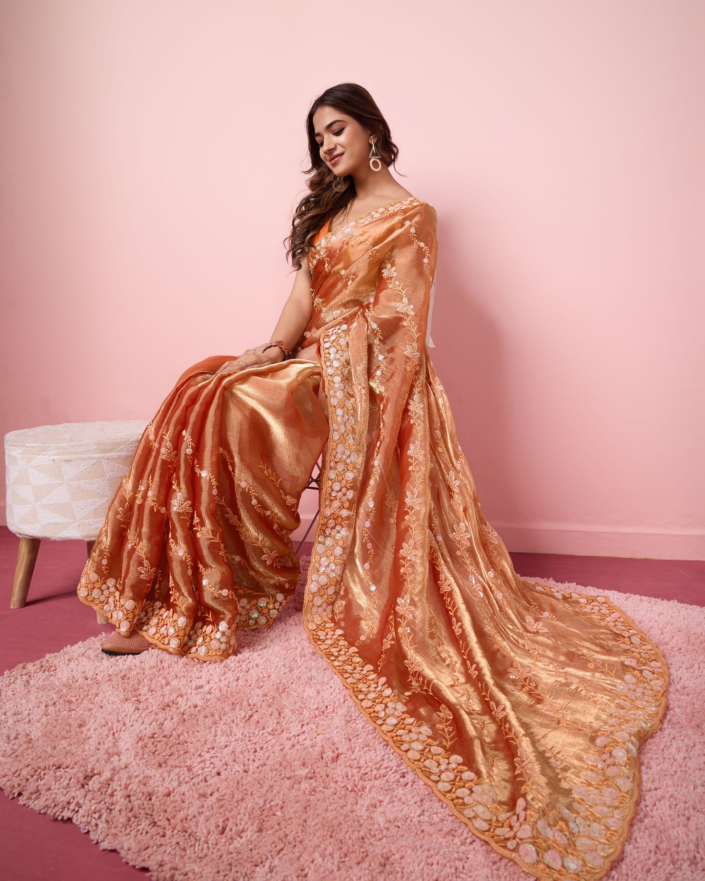 Orange Party Wear Burberry Silk Saree