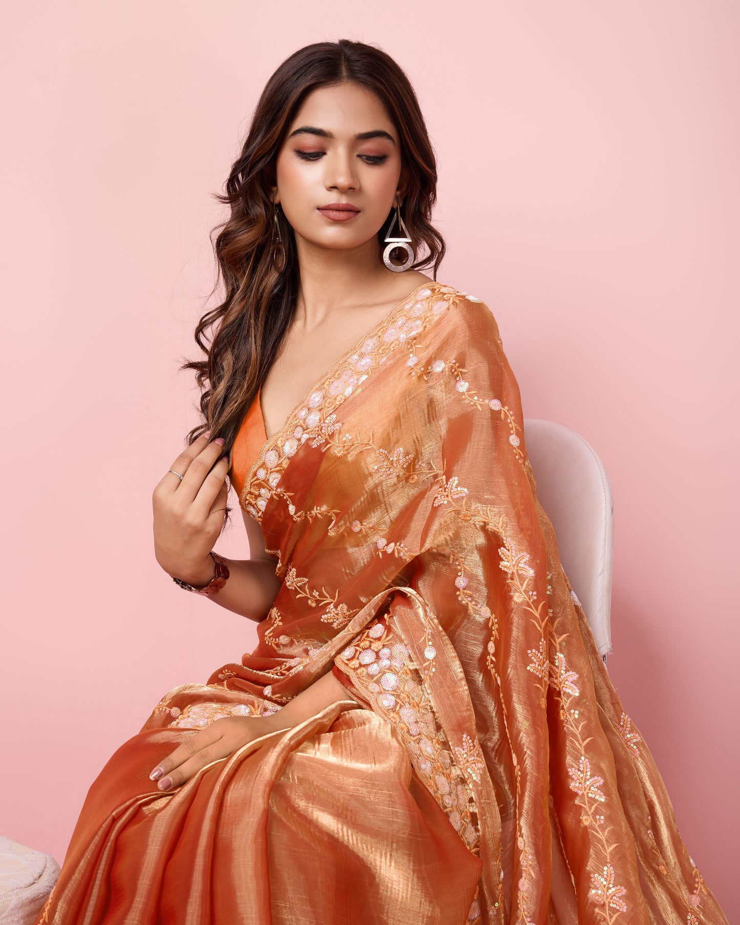 Orange Party Wear Burberry Silk Saree