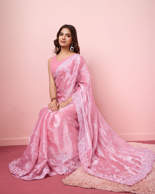 Pink Party Wear Burberry Silk Saree