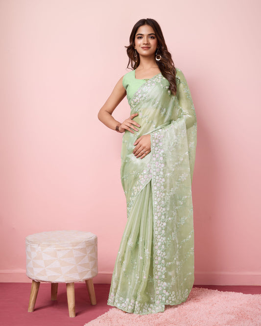 Pista Party Wear Burberry Silk Saree