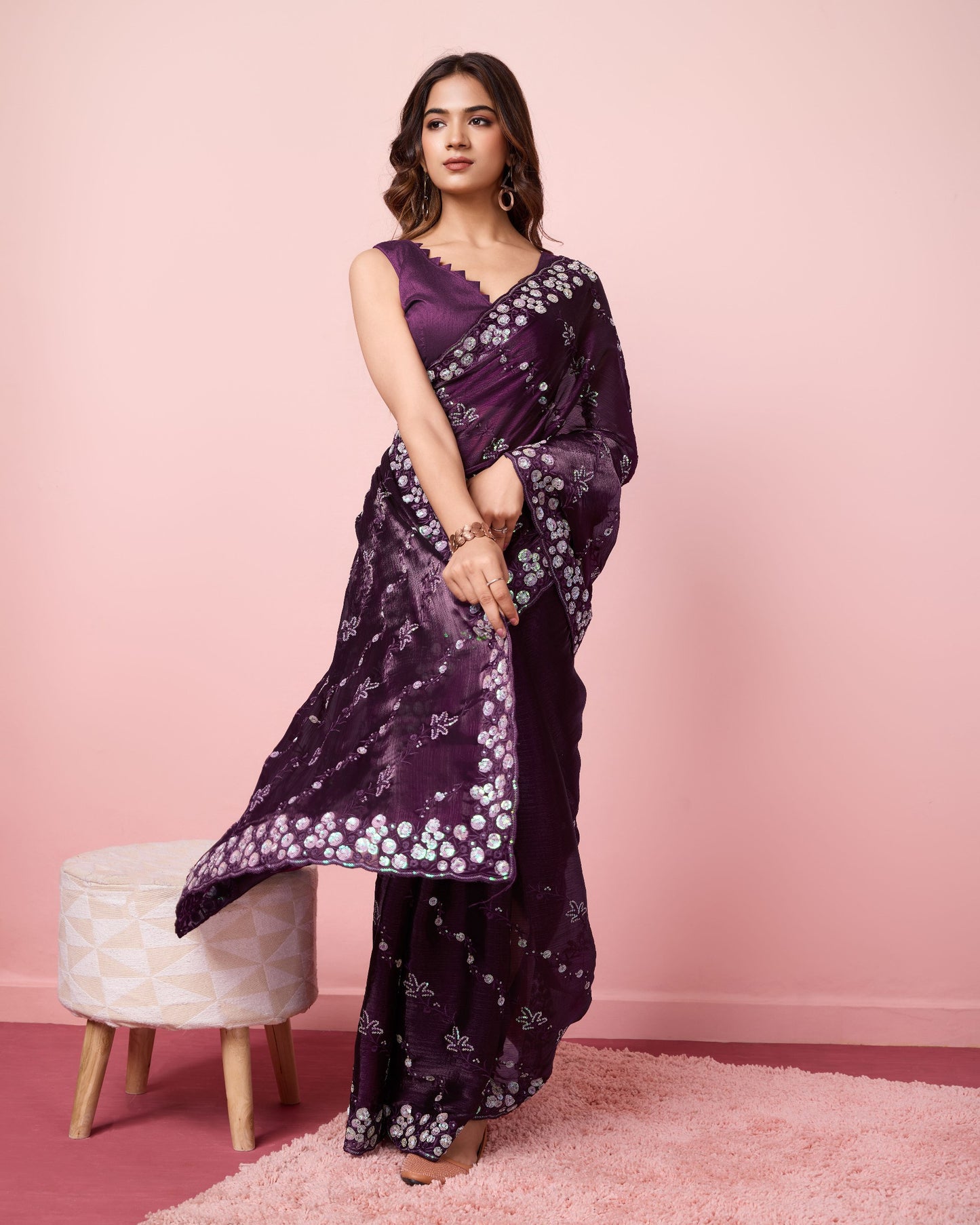 Grape Purple Party Wear Burberry Silk Saree