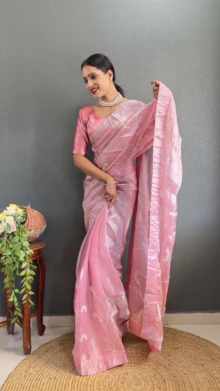 Pink Party Wear Burberry Silk Saree