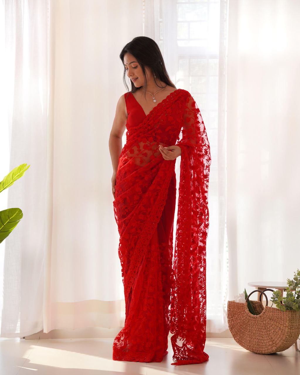 Red Party Wear Butterfly Net Saree