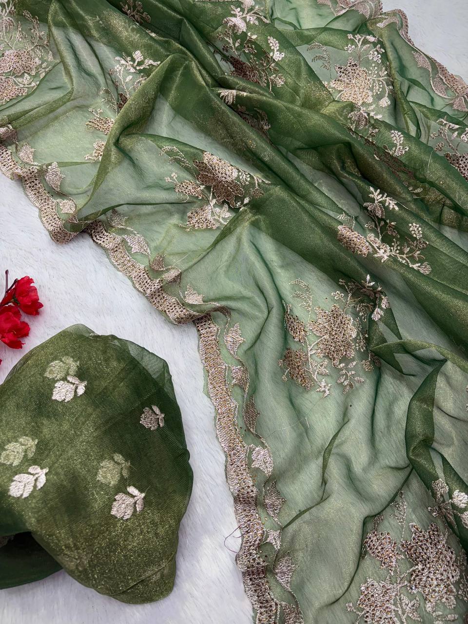 Party Wear Floral Embroidered Organza Saree