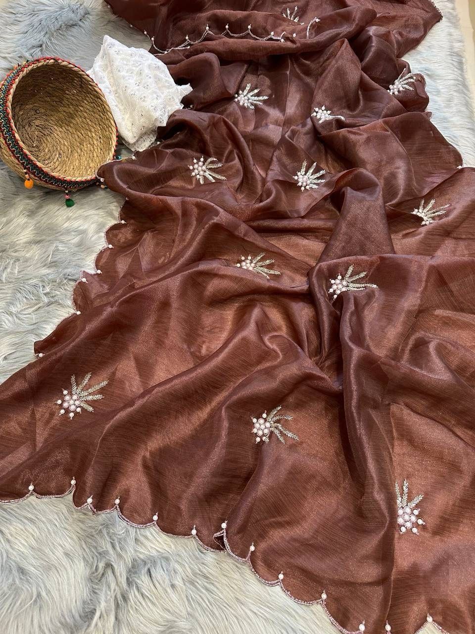 Brown Party Wear Khadi Organza Saree