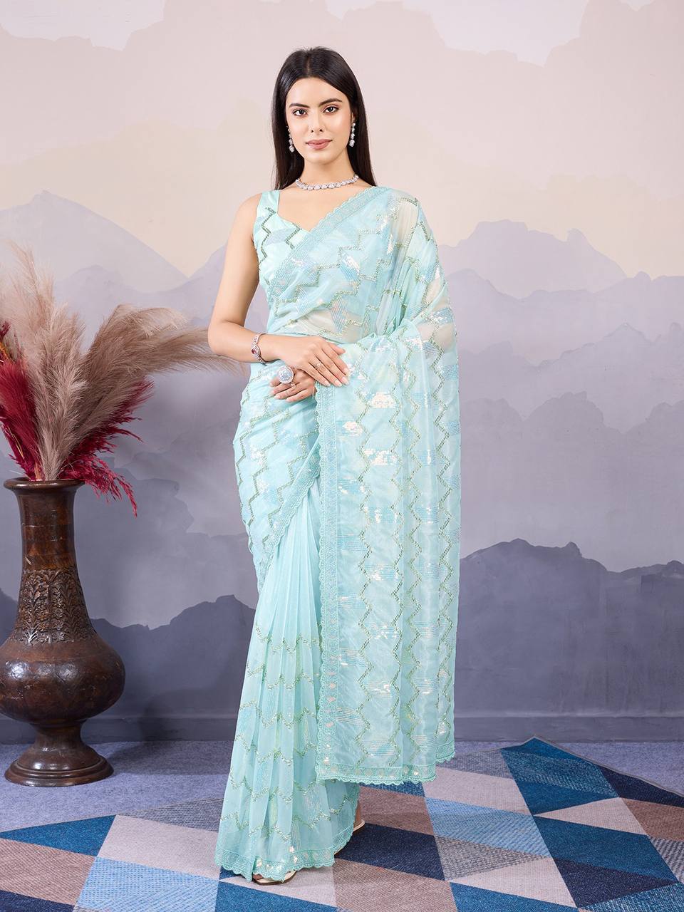 Pista Party Wear Net Saree