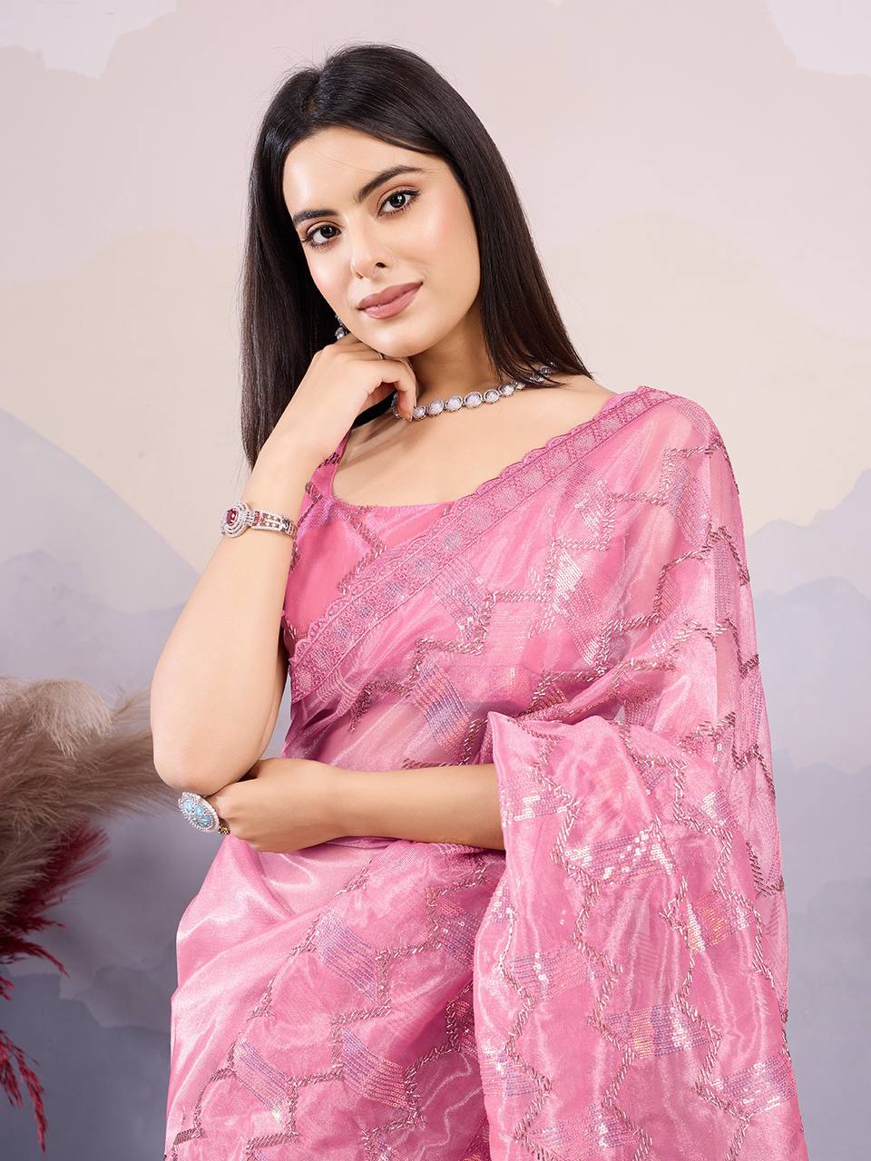 Dark Rose Party Wear Net Saree