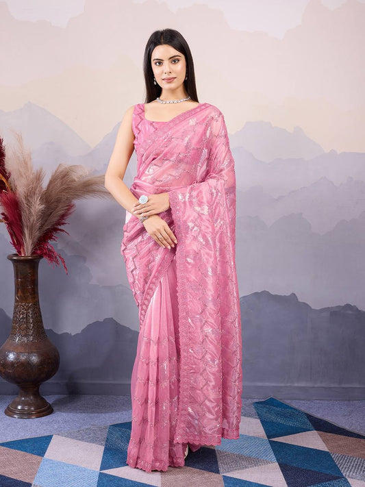 Dark Rose Party Wear Net Saree