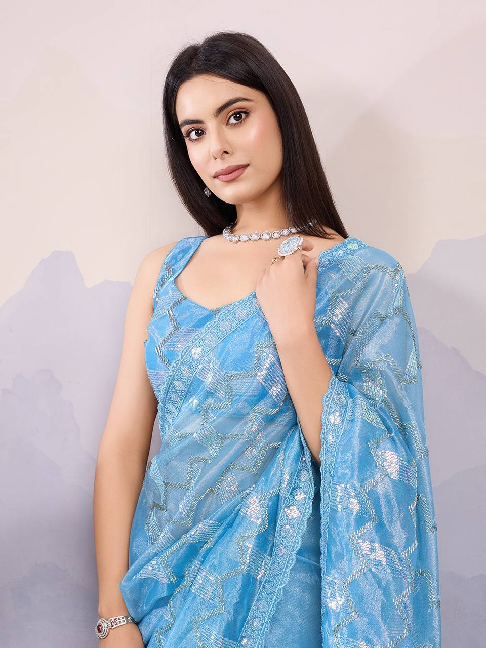 Nile Blue Party Wear Net Saree